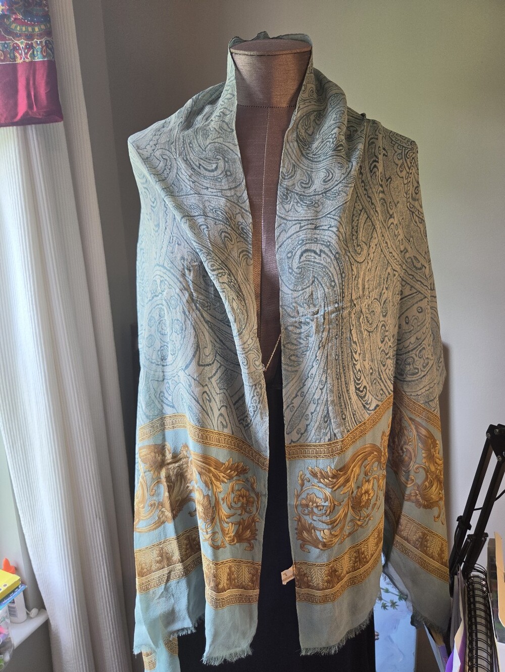Trussardi Silk Scarf Green Blue Baroque Floral Blue & Gold Paisley Wrap Shawl
